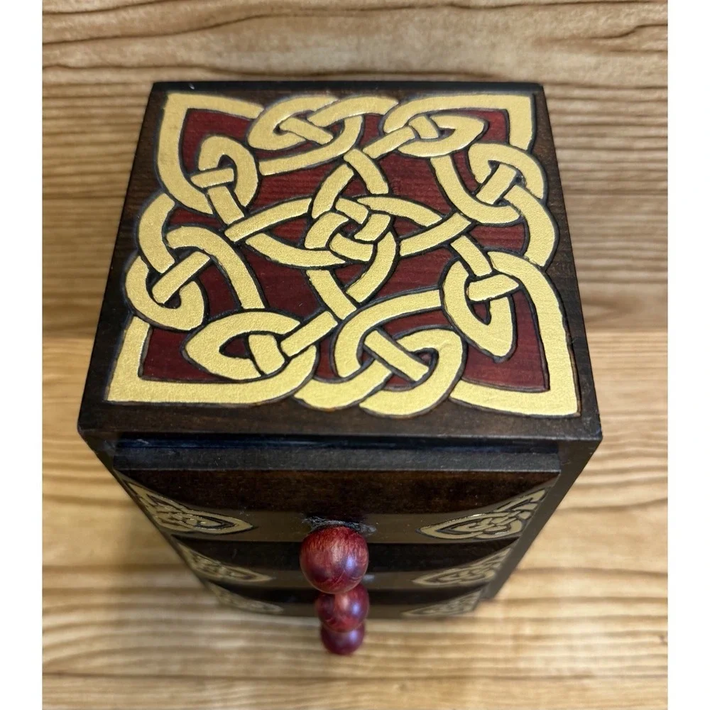 Hand Crafted Celtic Knot Irish Wooden Jewelry Trinket Box Drawers